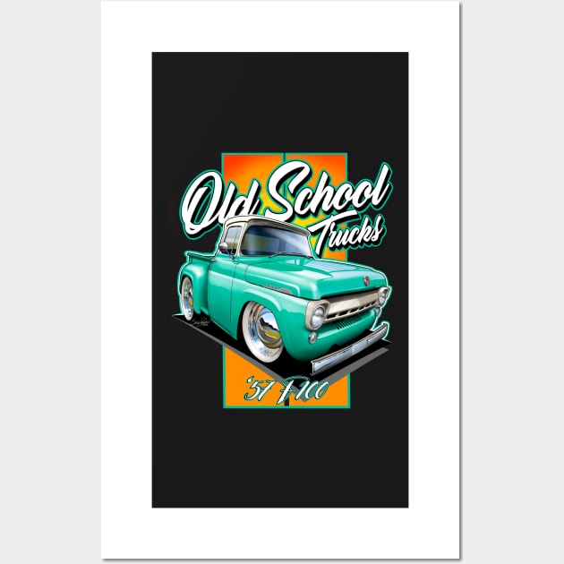 Old School Trucks ‘57 Ford F100 Cartoon (Turquoise) Wall Art by stefansautoart